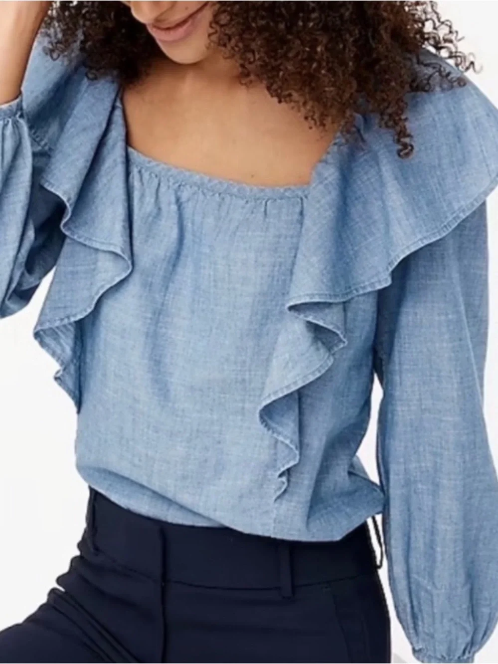 J.Crew Cotton Ruffle Square Neck Blouse Size L